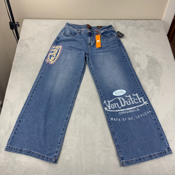 Von Dutch NWT Women's Size 30x32 Extra Wide Leg Flare Jeans Y2K Embroidered - Picture 15 of 16
